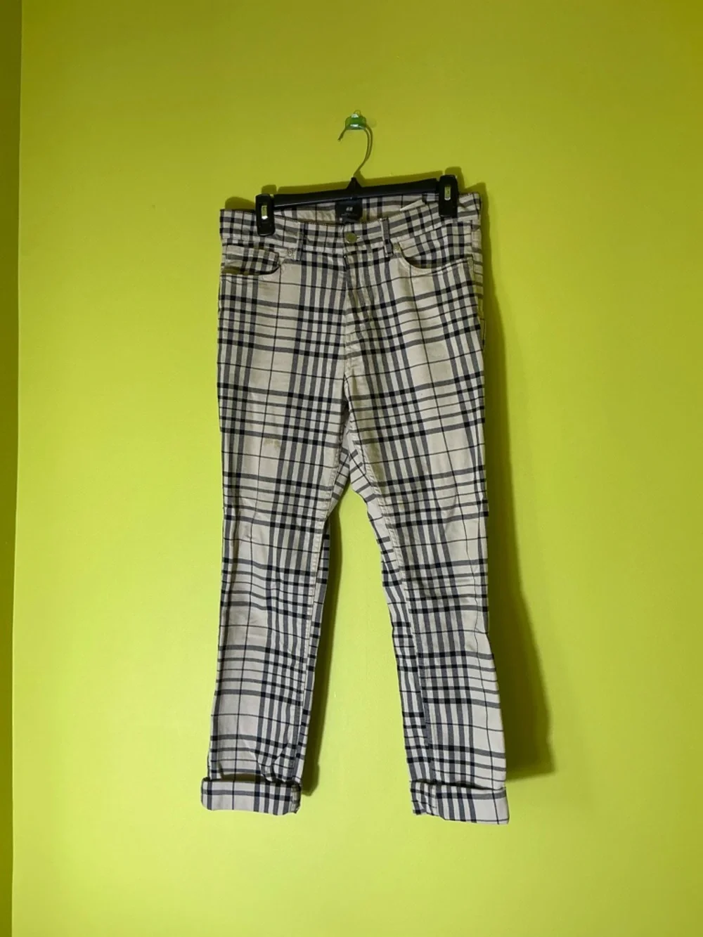H&M Cream and Navy Plaid Skinny Jeans